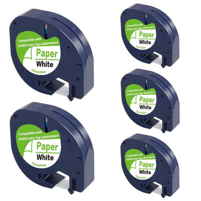 Picture of 5-Pack Compatible with Dymo Letratag Refills 91200 91330 10697 S0721510 Label Maker Tape White Paper 12mm x 4m 1/2" x 13', Work with Dymo Letra Tag LT-100H LT-100T Plus 200B QX50 XR XM 2000