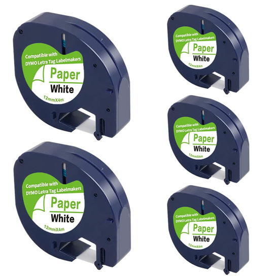 Picture of 5-Pack Compatible with Dymo Letratag Refills 91200 91330 10697 S0721510 Label Maker Tape White Paper 12mm x 4m 1/2" x 13', Work with Dymo Letra Tag LT-100H LT-100T Plus 200B QX50 XR XM 2000