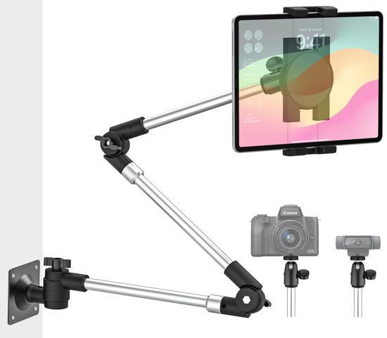 Picture of Dosvsi Tablet Wall Holder for iPad, 35in Adjustable Arm Drill Base Tablet Mount for Kitchen Cabinet, Sturdy Metal Camera Holder Webcam Stand for iPad Pro 12.9 Air Mini, Tab,Switch,iPhone, 4-13" Tablet