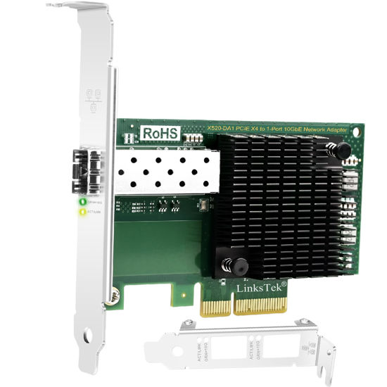Picture of LinksTek X520-DA1 10GbE SFP+ Fiber Ports Ethernet Adapter for Servers, NAS and Desktop PCs. PCIE X4 to 10GbE SFP+ Fiber NIC Card for Gaming, Intel 82599EN 10Gbps Ethernet Controller (X520-DA1)