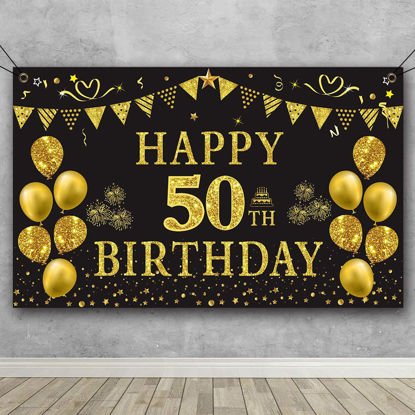 Picture of Trgowaul 50th Birthday Backdrop Gold and Black 5.9 X 3.6 Fts Happy Birthday Party Decorations Banner for Women Men Photography Supplies Background Happy Birthday Decoration