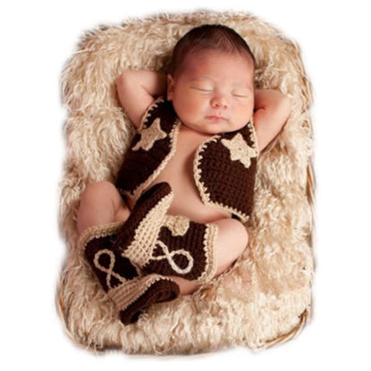 Picture of Vomdrok Newborn Photography Props Outfits Cute Cowboy Hat Shoe Set Infant Baby Boy Girl Photoshoot Props Costume (dark brown)