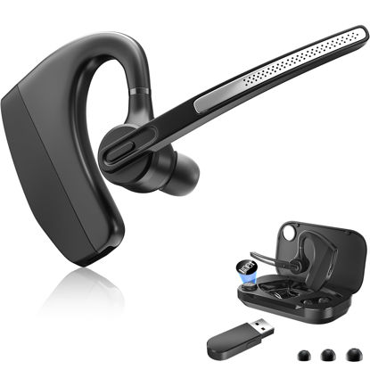 Picture of Wireless Headset Earpiece with USB Dongle & Noise Cancelling Mic for PC, Phone, Bluetooth Headphones Over-Ear with Microphone for Zoom Meetings, Work from Home, Trucker Use