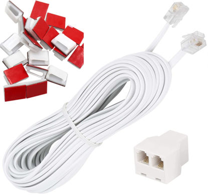 Picture of AIMIJIA Phone Cord, 6P4C Black Phone Telephone Extension Cord Cable Line Wire RJ11 6P4C Modular Plug for Landline Telephone Modem Accessory (33ft with Cable Clip Holders-White)