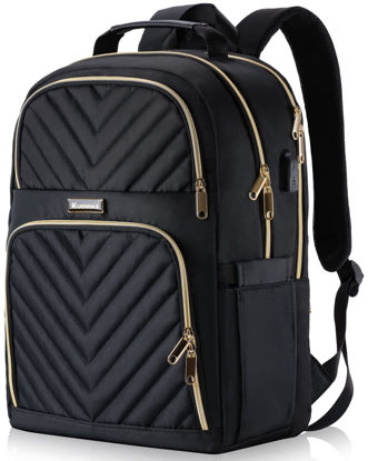 Picture of Kuosdaz Travel Laptop Backpack, School Backpack for Teen Girls, 15.6 Inch Quilted Work Backpack Purse with USB Charging Port, Large Anti-theft Bookbag for Students, Casual Daypacks for Women,Black