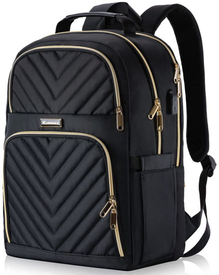 Picture of Kuosdaz Travel Laptop Backpack, School Backpack for Teen Girls, 15.6 Inch Quilted Work Backpack Purse with USB Charging Port, Large Anti-theft Bookbag for Students, Casual Daypacks for Women,Black
