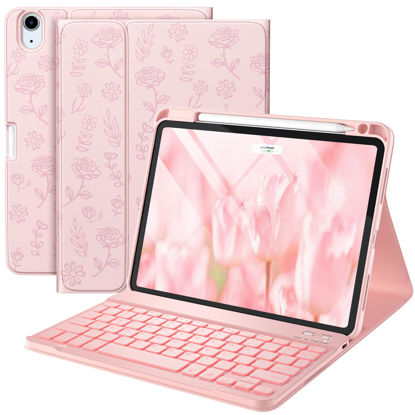 Picture of Harvopu Compatible for iPad Air 11-inch M2/ 10.9 Inch Air 5th 4th Generation Case with Keyboard - Backlit Detachable, Folio Cover with Pencil Holder for iPad Air 11 2024/ Air 5/ Air 4 (Floral Pink)