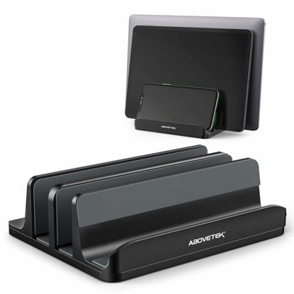 Picture of AboveTEK Vertical Laptop Stand Holder, 3 Slots Aluminum Desk Stand with Adjustable Dock Size for Tablet, MacBook, Phone - Universal Fit (up to 17.3") - Heavy Duty Polished, Anti Slide - Black