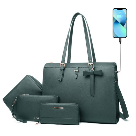 Picture of Keyli Laptop Tote Bag for Women Christmas Gifts Waterproof Leather Work Laptop Briefcase with Built-in USB Charging Port Computer Shoulder Bags Fits 15.6 Inch, Business Handbag Purse 4pcs Set Green