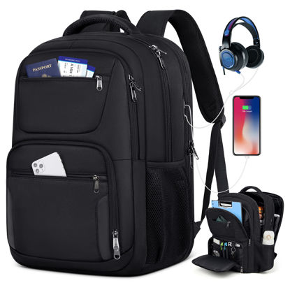 Picture of Travel Laptop Backpack, 17 Inch Extra Large Laptop Backpack with USB Charging Hole 45L Anti Theft Travel Backpack Water Resistant College Business Computer Bag Fit 17.3 Inch Laptop for Men Women Black