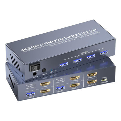 Picture of 4K60Hz Dual Monitor HDMI KVM Switch, USB 3.0 HDMI KVM Switch 2 Minitors 2 Computers, 2 Port HDMI KVM Switch for Managing 2 PCs with 1 Set of Keyboard and Mouse, 4 USB 3.0 Ports Sharing