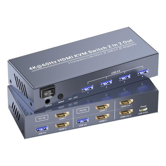Picture of 4K60Hz Dual Monitor HDMI KVM Switch, USB 3.0 HDMI KVM Switch 2 Minitors 2 Computers, 2 Port HDMI KVM Switch for Managing 2 PCs with 1 Set of Keyboard and Mouse, 4 USB 3.0 Ports Sharing