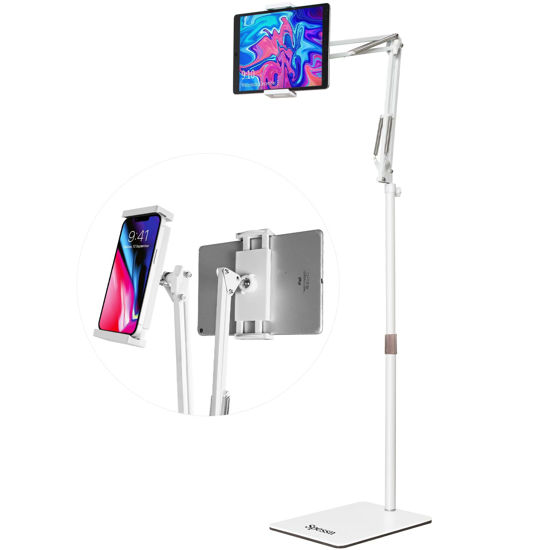Picture of Spessn Tablet Floor Stand, Overhead Bed Phone Mount, Height Adjustable Universal Metal Tablet Holder, Phone Stand for iPad/iPhoneX/iPad Pro 4.5~12.9 Inch-Screen, Phone, Kindle,4.5-12.9" (Light White