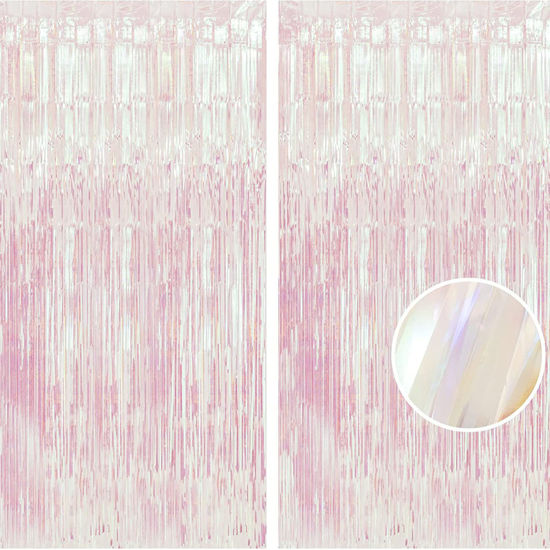 Picture of BRAVESHINE Party Decorations Iridescent Foil Fringe Backdrops - 2 Pack 3.2 x 6.5 ft Holographic Tinsel Photo Booth Pros Streamer Curtains for Girl Birthdays Engagement Christmas Parties - Clear