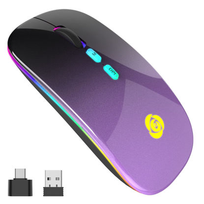 Picture of LED Wireless Mouse, Bluetooth Mouse &2.4GHz Instant Connection,Rechargeable Ultra Silent Slim,3 DPI 2 Connection Modes with USB-C to USB Adapter for Laptop/MacBook/PC/Tablet/iPad (Black-purple)