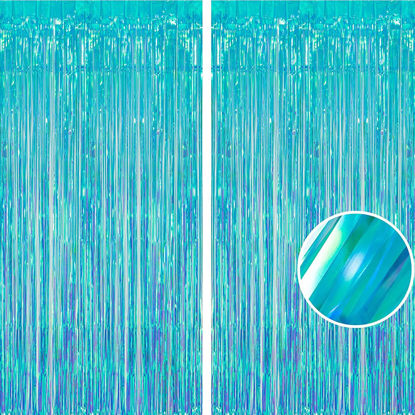 Picture of BRAVESHINE Party Decorations Iridescent Foil Fringe Backdrop - 2 Packs 3.2 x 6.5 ft Holographic Tinsel Backdrop Party Streamers Curtain for Birthdays Mermaid Sea Frozen Christmas Parties - Clear Blue