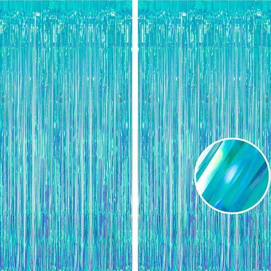 Picture of BRAVESHINE Party Decorations Iridescent Foil Fringe Backdrop - 2 Packs 3.2 x 6.5 ft Holographic Tinsel Backdrop Party Streamers Curtain for Birthdays Mermaid Sea Frozen Christmas Parties - Clear Blue