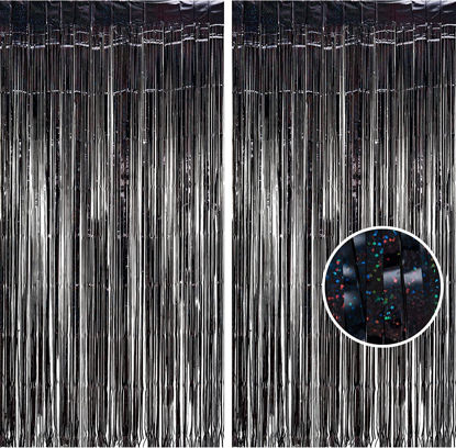 Picture of BRAVESHINE Black Halloweens Party Foil Fringe Curtains - 2 Pack Metallic Tinsel Photo Booth Streamers Backdrop for Birthdays, Stranger Theme, Music, Prom, Christmas Party Decorations