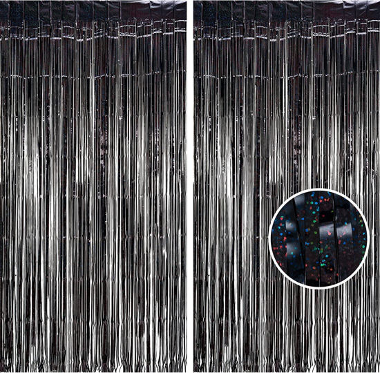 Picture of BRAVESHINE Black Halloweens Party Foil Fringe Curtains - 2 Pack Metallic Tinsel Photo Booth Streamers Backdrop for Birthdays, Stranger Theme, Music, Prom, Christmas Party Decorations