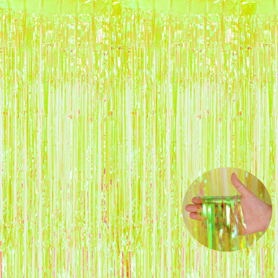 Picture of BRAVESHINE Iridescent Foil Fringe Backdrop - 2 Pack 3.2 x 6.5 ft Holographic Tinsel Curtain Party Streamers Photo Backdrop for Birthdays Dinosaur Theme Christmas Patricks Decorations - Clear Green