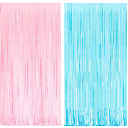 Picture of BRAVESHINE Tinsel Photo Backdrop Curtains - 2 Pack 3.2x8.2ft Pastel Pink Blue Foil Fringe Streamer Curtain for Birthdays Boy or Gril Sweet Donuts Party Decoration