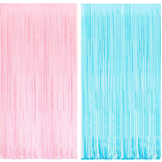 Picture of BRAVESHINE Tinsel Photo Backdrop Curtains - 2 Pack 3.2x8.2ft Pastel Pink Blue Foil Fringe Streamer Curtain for Birthdays Boy or Gril Sweet Donuts Party Decoration