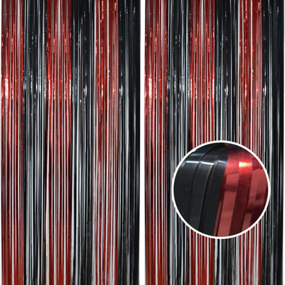 Picture of BRAVESHINE Tinsel Photo Backdrop Curtains - 2 Pack 3.2x8.2ft Black Red Foil Fringe Streamer Curtain for Halloweens, Lantern, Pumpkin, Home, Indoor or Outdoor Party Supplies Decorations