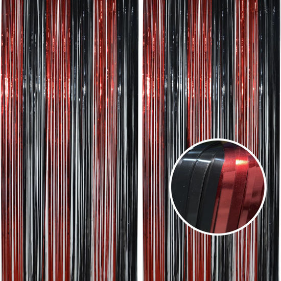 Picture of BRAVESHINE Tinsel Photo Backdrop Curtains - 2 Pack 3.2x8.2ft Black Red Foil Fringe Streamer Curtain for Halloweens, Lantern, Pumpkin, Home, Indoor or Outdoor Party Supplies Decorations