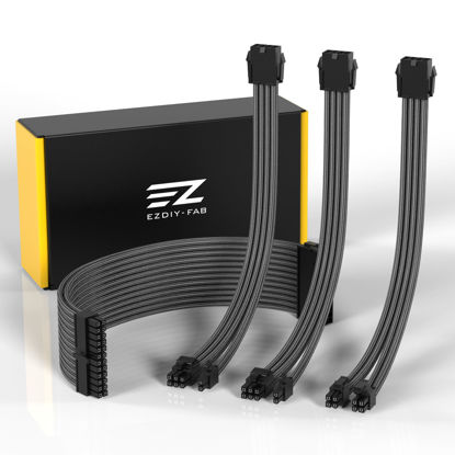 Picture of EZDIY-FAB PSU Extension Cable Sleeved Custom Mod PC Power Supply Cable, Soft Nylon Braided with Comb Kit 24PIN/8PIN to 6+2Pin/ 8PIN to 4+4PIN-30CM 300MM-Carbon