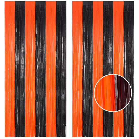 Picture of BRAVESHINE Tinsel Photo Backdrop Curtains - 2 Pack 3.2x8.2ft Black Orange Foil Fringe Streamer Curtain for Birthdays, Halloweens, Basketball, Pumpkins, Home, Indoor or Outdoor Party Decorations