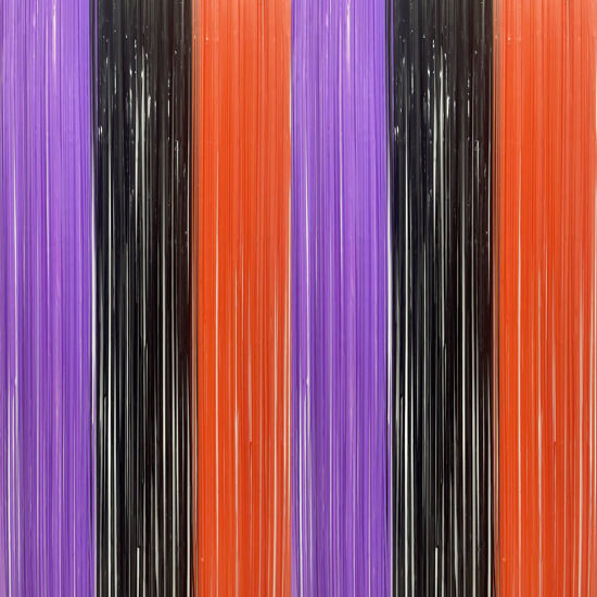 Picture of BRAVESHINE Tinsel Photo Backdrop Curtains - 2 Pack 3.2x8.2ft Black Orange Purple Foil Fringe Streamer Party Supplies for Halloweens, Lantern, Pumpkin, Home, Indoor or Outdoor Decorations