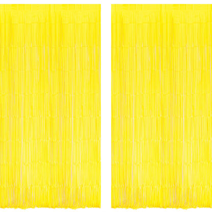 Picture of BRAVESHINE Foil Fringe Curtain Backdrop - 2 Pack Yellow Tinsel Photo Booth Backdrop Party Streamers for Birthdays, Christmas, Lemon, Smiley Kids' Party Decorations