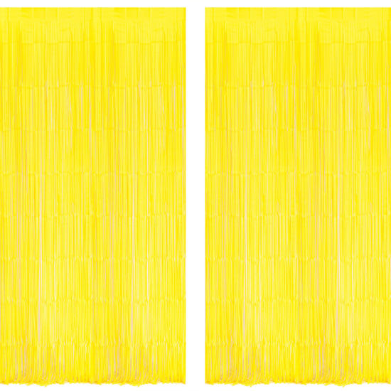 Picture of BRAVESHINE Foil Fringe Curtain Backdrop - 2 Pack Yellow Tinsel Photo Booth Backdrop Party Streamers for Birthdays, Christmas, Lemon, Smiley Kids' Party Decorations