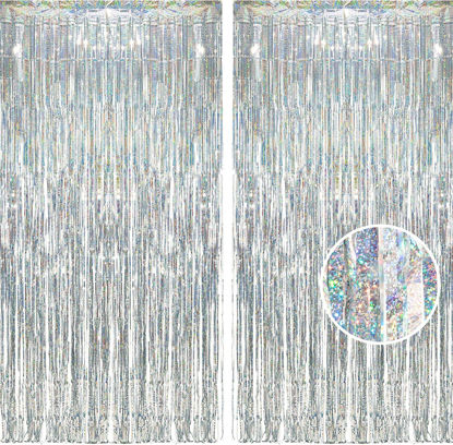 Picture of BRAVESHINE Silver Streamers Party Backdrop Decorations - 2Pcs 3.2x8.2ft Tinsel Foil Fringe Curtain Backdrop for Christmas/New Years/Birthdays/Bachelorette/Anniversary/Engagement/Dancing Ball Decor
