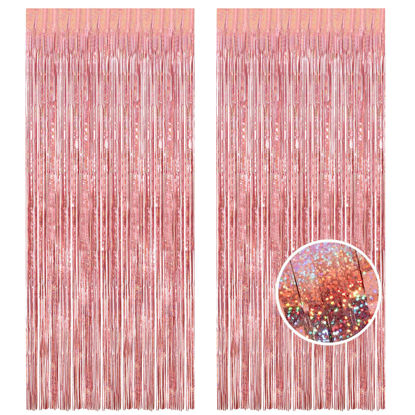 Picture of BRAVESHINE Rose-Gold Metallic Tinsel Backdrop - 2Pcs 3.2x8.2ft Metallic Tinsel Foil Fringe Curtains Photo Booth Streamers for 21-st Birthdays Bachelorette Engagement Bridal Shower Party Decorations