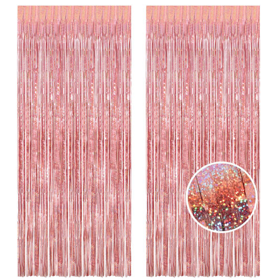 Picture of BRAVESHINE Rose-Gold Metallic Tinsel Backdrop - 2Pcs 3.2x8.2ft Metallic Tinsel Foil Fringe Curtains Photo Booth Streamers for 21-st Birthdays Bachelorette Engagement Bridal Shower Party Decorations