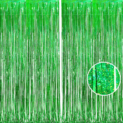 Picture of BRAVESHINE Green Metallic Tinsel Foil Fringe Curtains - 2 Pack 3.2 x 8.2 ft Metallic Photo Backdrop for Graduates-Theme/St Patricks Day/Hawaiian/Luau/Dinosaur/Jungle-Theme/Christmas Party Decorations