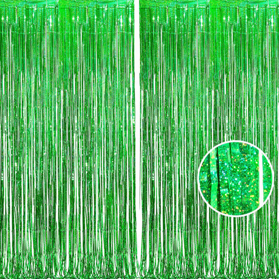 Picture of BRAVESHINE Green Metallic Tinsel Foil Fringe Curtains - 2 Pack 3.2 x 8.2 ft Metallic Photo Backdrop for Graduates-Theme/St Patricks Day/Hawaiian/Luau/Dinosaur/Jungle-Theme/Christmas Party Decorations