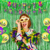 Picture of BRAVESHINE Green Metallic Tinsel Foil Fringe Curtains - 2 Pack 3.2 x 8.2 ft Metallic Photo Backdrop for Graduates-Theme/St Patricks Day/Hawaiian/Luau/Dinosaur/Jungle-Theme/Christmas Party Decorations