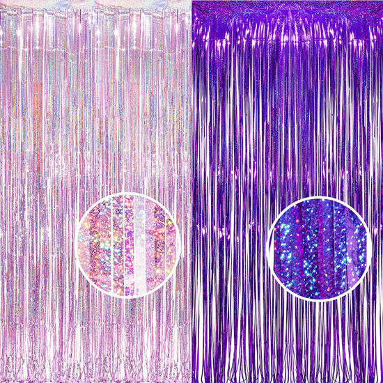 Picture of BRAVESHINE 1 Purple 1 Pink Streamers Party Photo Backdrop - 3.2 ft x 8.2 ft Metallic Tinsel Foil Fringe Curtains for Valentine’s Day/Women Birthdays/Engagement/Bridal Shower/Bachelorette Decorations