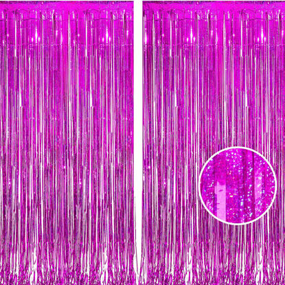 Picture of BRAVESHINE Hot Pink Tinsel Foil Fringe Curtains - 2Pcs 3.2x8.2ft Metallic Party Streamers Backdrop for Girl Birthdays Valentines Bridal Shower Bachelorette Hawaiian Luau Theme Party Decorations