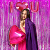 Picture of BRAVESHINE Hot Pink Tinsel Foil Fringe Curtains - 2Pcs 3.2x8.2ft Metallic Party Streamers Backdrop for Girl Birthdays Valentines Bridal Shower Bachelorette Hawaiian Luau Theme Party Decorations