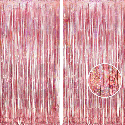 Picture of BRAVESHINE Rose-Gold Tinsel Foil Fringe Curtains - 2Pcs 3.2x8.2ft Metallic Holiday Photo Booth Backdrop Party Supplies for Birthdays Valentines Day Bridal Shower Bachelorette Engagement Party