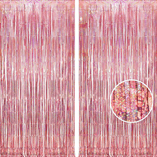 Picture of BRAVESHINE Rose-Gold Tinsel Foil Fringe Curtains - 2Pcs 3.2x8.2ft Metallic Holiday Photo Booth Backdrop Party Supplies for Birthdays Valentines Day Bridal Shower Bachelorette Engagement Party