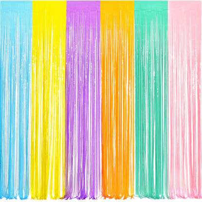 Picture of BRAVESHINE Tinsel Foil Fringe Curtains - 2Pcs 3.2x8.2ft Pastel Colourful Photo Backdrop for Sweet Birthdays Easter Bunny Bridal Shower Fairy Kids Candy Donut Party Decorations