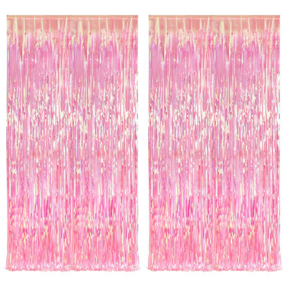 Picture of BRAVESHINE Clear Pink Streamers Party Decorations Iridescent Foil Fringe Backdrop - 2 Pack 3.2 x 6.5 ft Holographic Tinsel Curtain Party Photo Backdrop for Valentine’s Girl Birthdays Engagement Decor