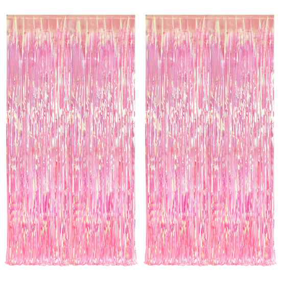 Picture of BRAVESHINE Clear Pink Streamers Party Decorations Iridescent Foil Fringe Backdrop - 2 Pack 3.2 x 6.5 ft Holographic Tinsel Curtain Party Photo Backdrop for Valentine’s Girl Birthdays Engagement Decor