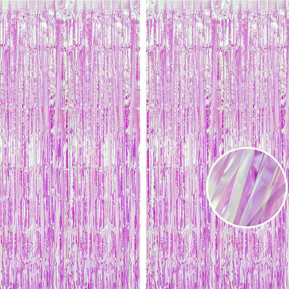 Picture of BRAVESHINE Clear Purple Party Decorations Iridescent Foil Curtain - 2 Pack 3.2 x 6.5 ft Holographic Tinsel Backdrop Party Streamers Curtains for Birthdays Valentine’s Bachelorette Bridal Shower Decor