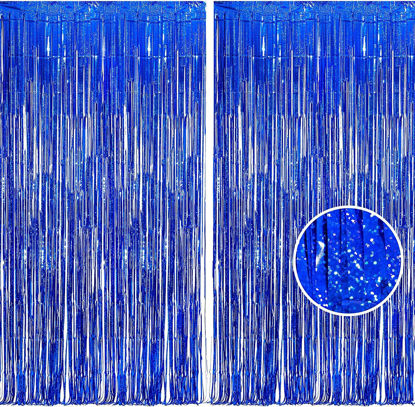 Picture of BRAVESHINE Blue Tinsel Foil Fringe Curtains - 2Pcs 3.2x8.2 ft Metallic Holidays Photo Backdrop for Boys Men Birthdays Homecoming Bachelor Bachelorette Sea Theme Party Decorations