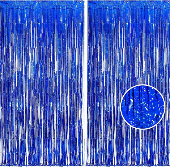 Picture of BRAVESHINE Blue Tinsel Foil Fringe Curtains - 2Pcs 3.2x8.2 ft Metallic Holidays Photo Backdrop for Boys Men Birthdays Homecoming Bachelor Bachelorette Sea Theme Party Decorations
